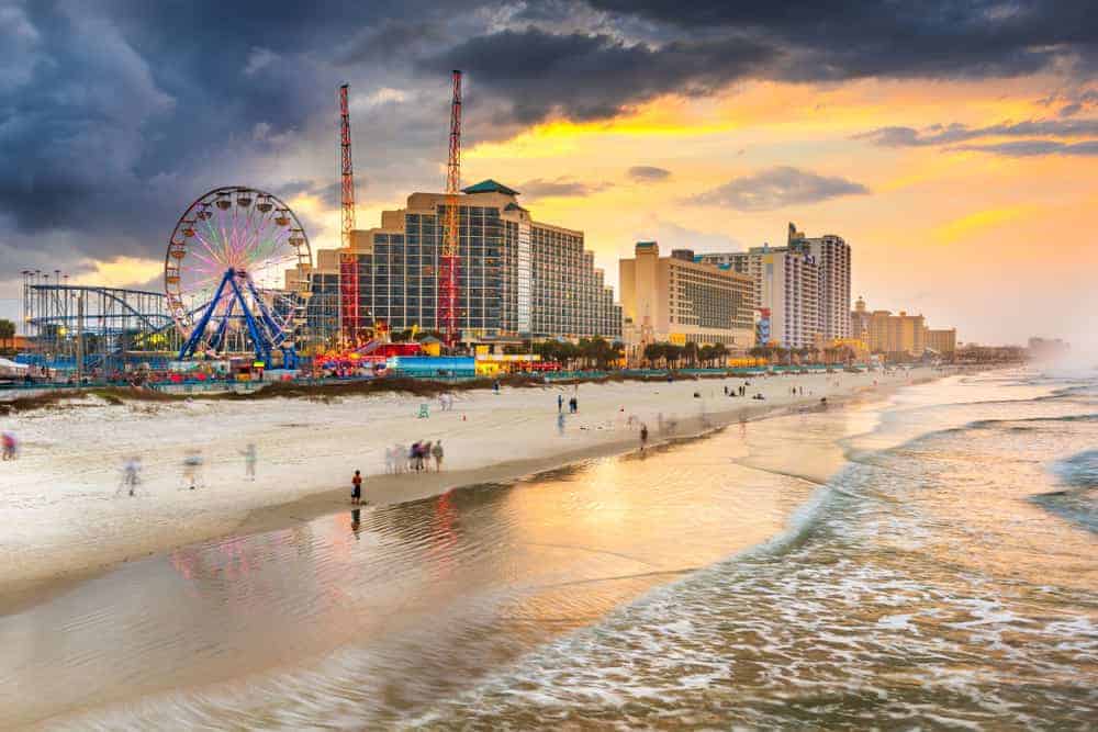Daytona Beach, Florida, USA beachfront skyline at dusk.