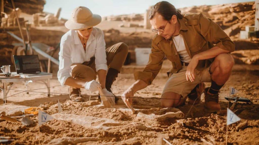 Archaeological Digging Site: Two Great Paleontologists Cleaning Newly Discovered of Dinosaur. Archeologists on Excavation Site Discover Fossil Remains of New Species Skeleton. Close-up Focus on Hands