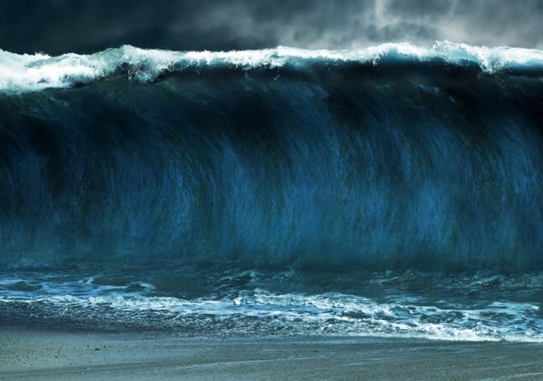 Tsunami stormy sea waves on sand beach, Thunderstorm background