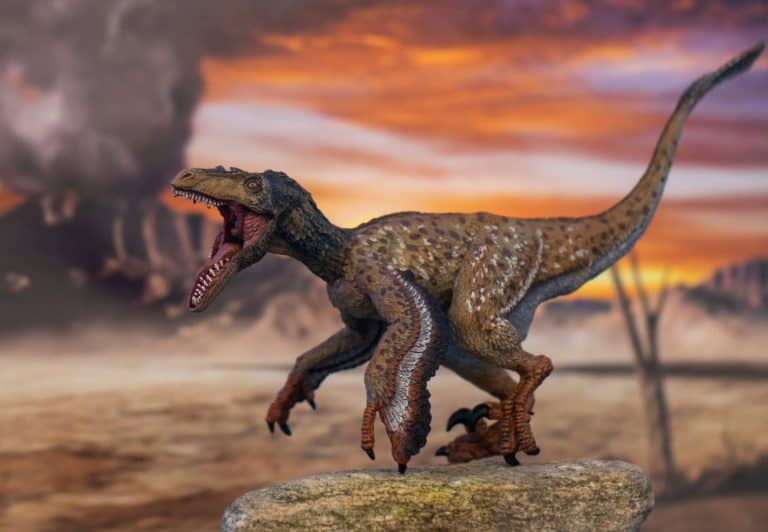 Feathered velociraptor with open mouth in jurassic land with volcano in the background.