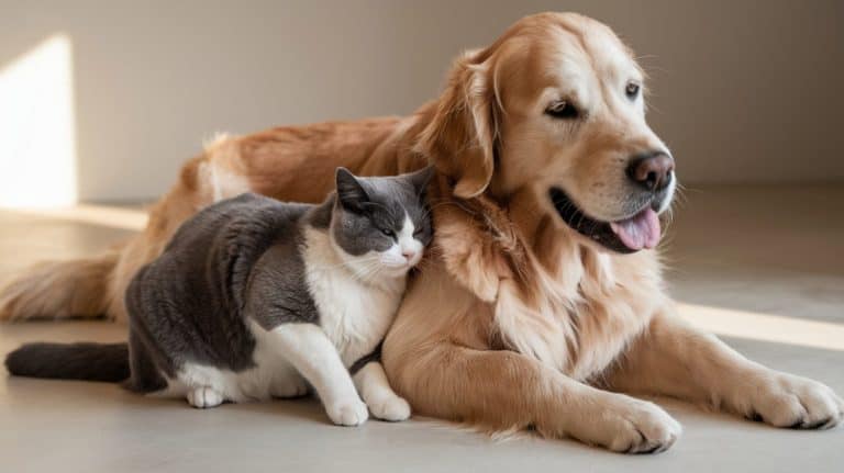 AI image of a relaxed gray-and-white cat cuddling with a golden retriever. Perfect for animal companionship, pet care, and friendship themes.
