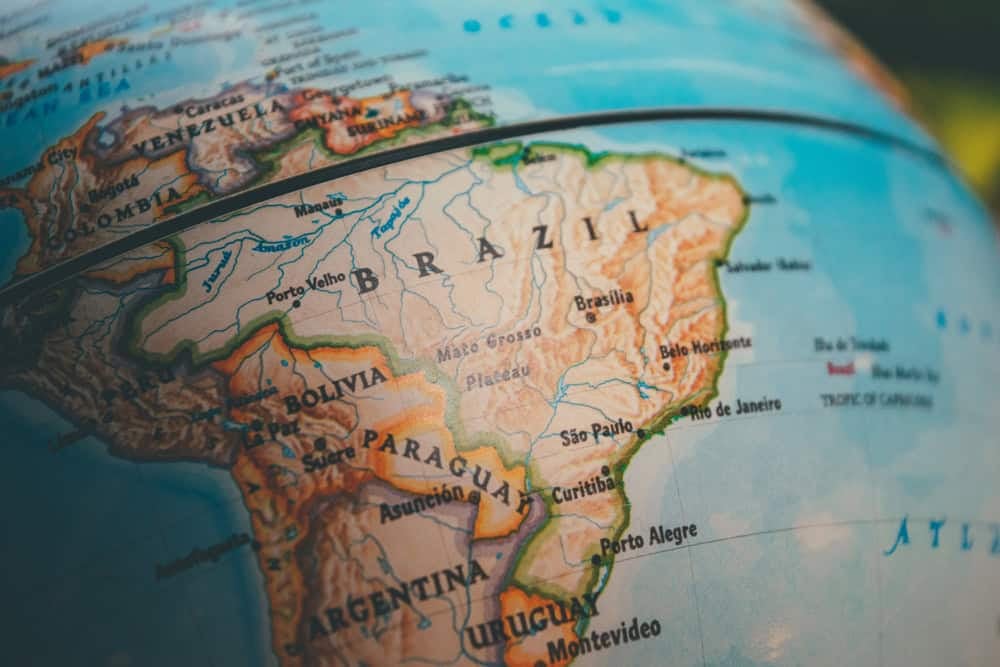 Brazil on the world globe - a close up shot of the continent of South America and the countries of Brazil, Bolivia, Paraguay and more as seen on a vintage globe  map