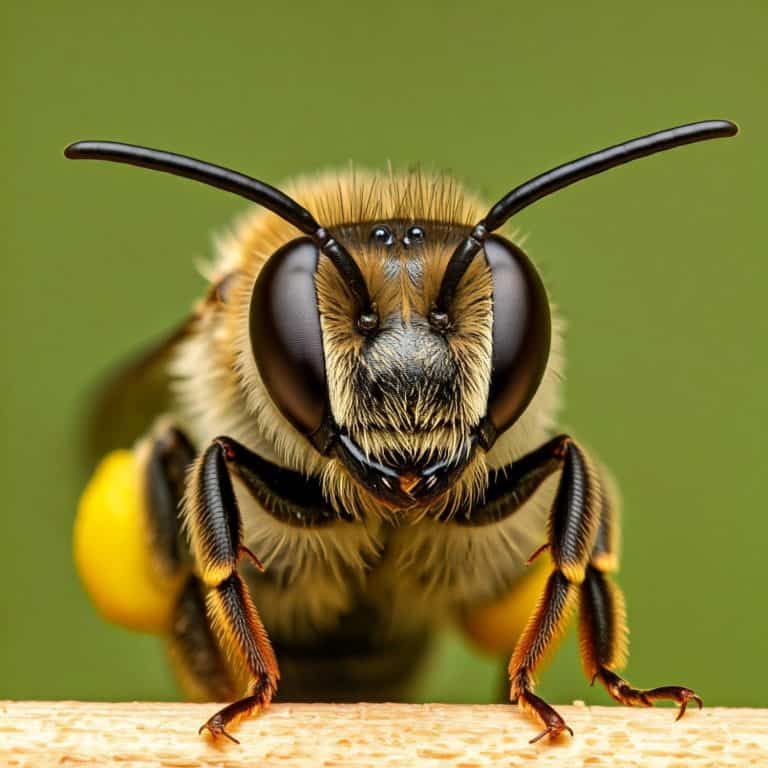 A close-up portrait of a bee, showcasing its intricate details and large, compound eyes. The bee is perched on a wooden surface, with a blurred green background.