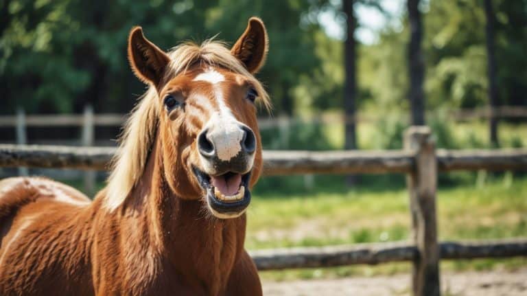 Little horse at small latvian zoo. Horse smile. Horse showing teeth, smiling horse, funny horses, funny animal face. laugh animal