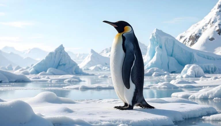 A majestic Emperor penguin stands gracefully on an ice floe in Antarctica, surrounded by stunning icy landscapes under a clear blue sky. Perfect for wildlife and nature themes.