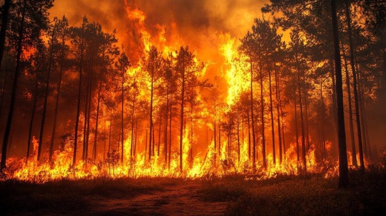 A striking image capturing the intensity of a forest fire, with towering flames consuming trees and billowing smoke filling the sky.