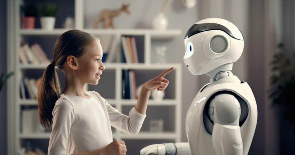 A cute girl is playing with a robot. The concept of future training.