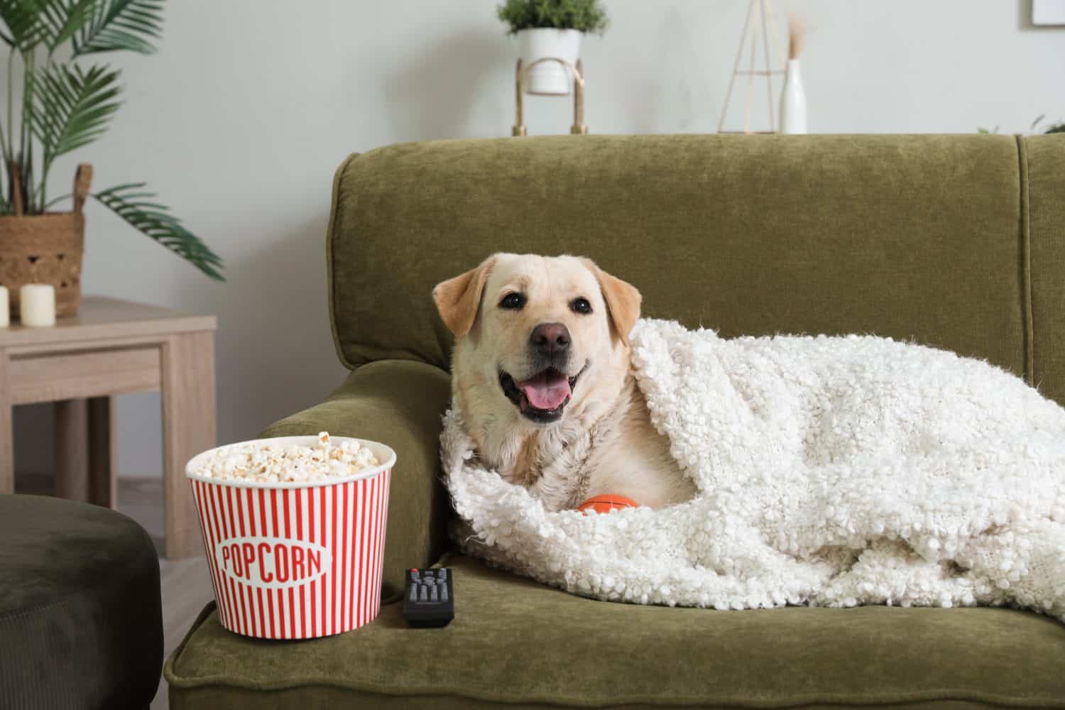 Cute Labrador dog with popcorn bucket and TV remote lying on sofa in living room