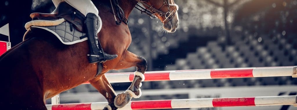 The shod hooves of a horse over an obstacle. The horse overcomes an obstacle. The leg of the rider in the stirrup, riding on a horse. Equestrian sport, jumping. Overcome obstacles. Jumping competition