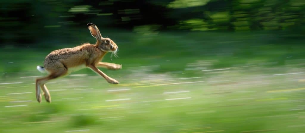 A brown hare is running across the green grass in spring, in an open field