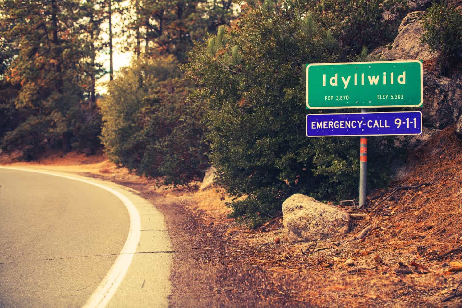 Idyllwild City Limits Road Sign. Village of Idyllwild in the San Jacinto Mountains in Riverside County, California, United States