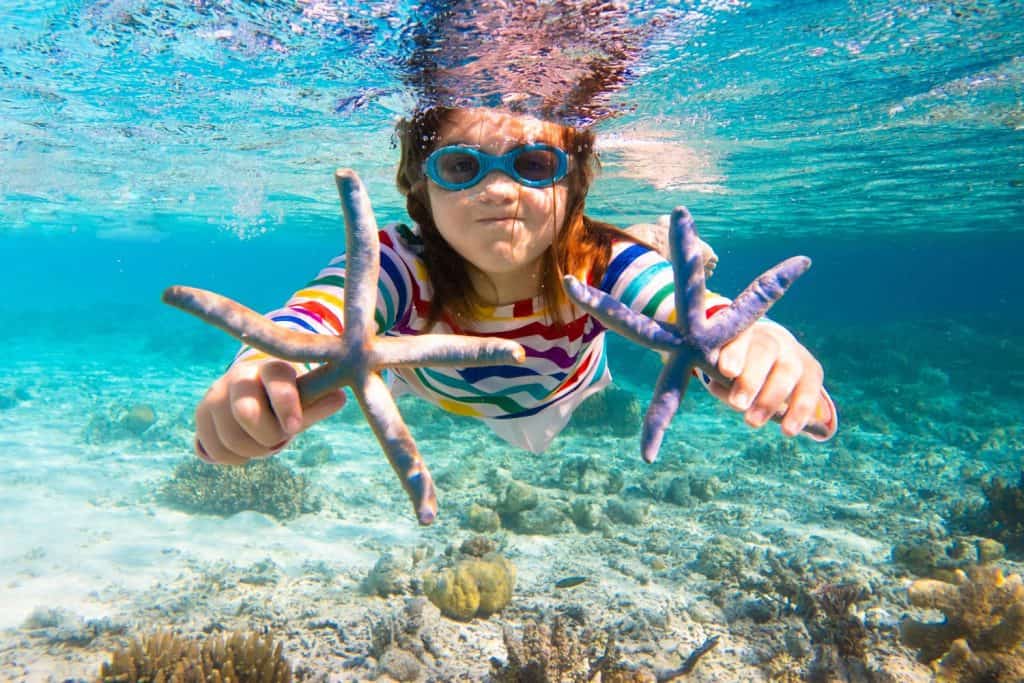 Child snorkeling. Kids swim underwater. Beach and sea summer vacation with children. Little girl watching coral reef fish. Marine life on exotic island. Kid swimming and diving with snorkel and mask.