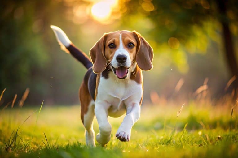 Beagle dog, trotting on the grass, posing on the lawn