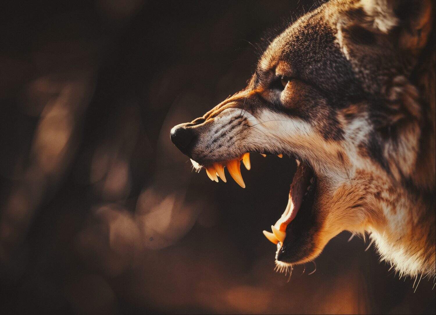 Closeup side profile of snarling vicious brown wolf with a blurred background