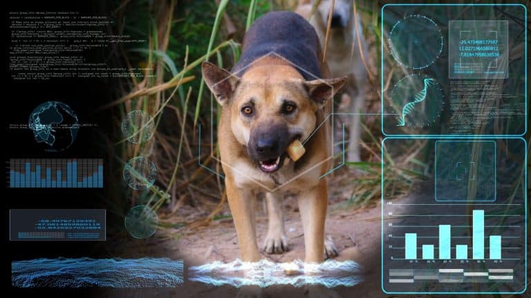 futuristic AI screen of an edible stray dog vaccine. Animation showing processing Dog receive