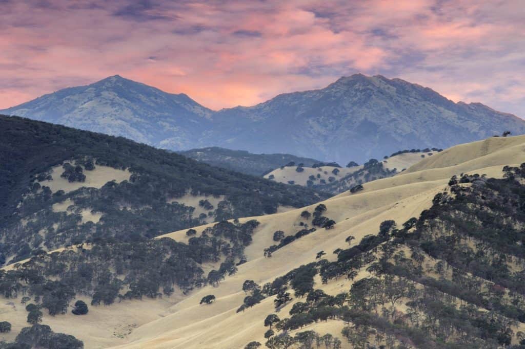 Sunset over Mt Diablo via Round Valley Regional Preserve. Contra Costa County, California, USA.