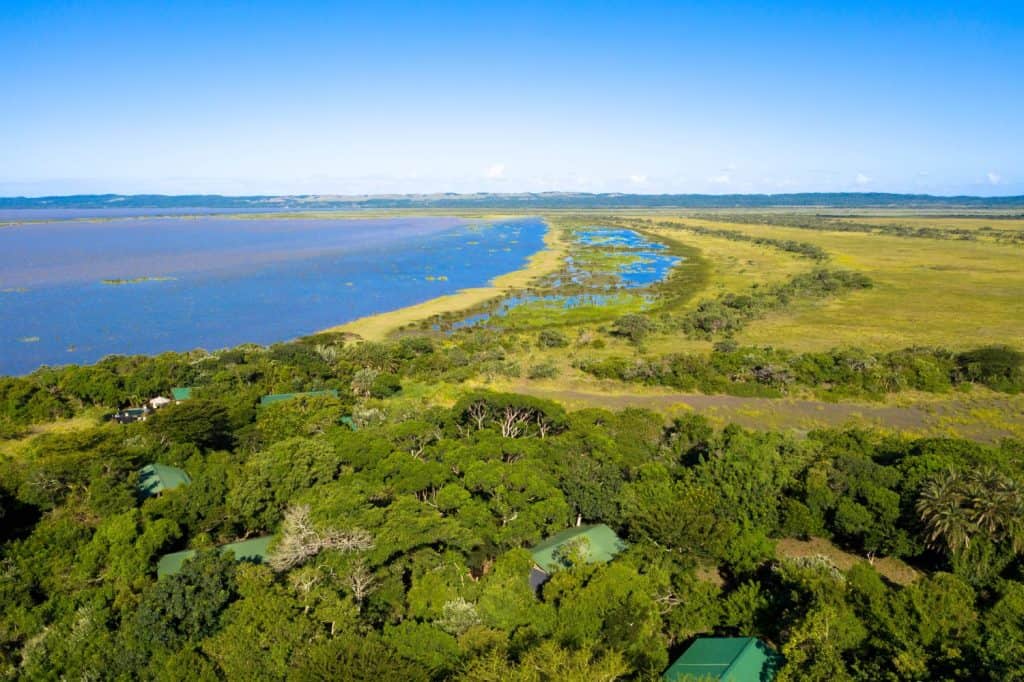 Drone view: Aerial view of iSimangaliso Wetland Park. Maputaland, an area of KwaZulu-Natal on the east coast of South Africa.