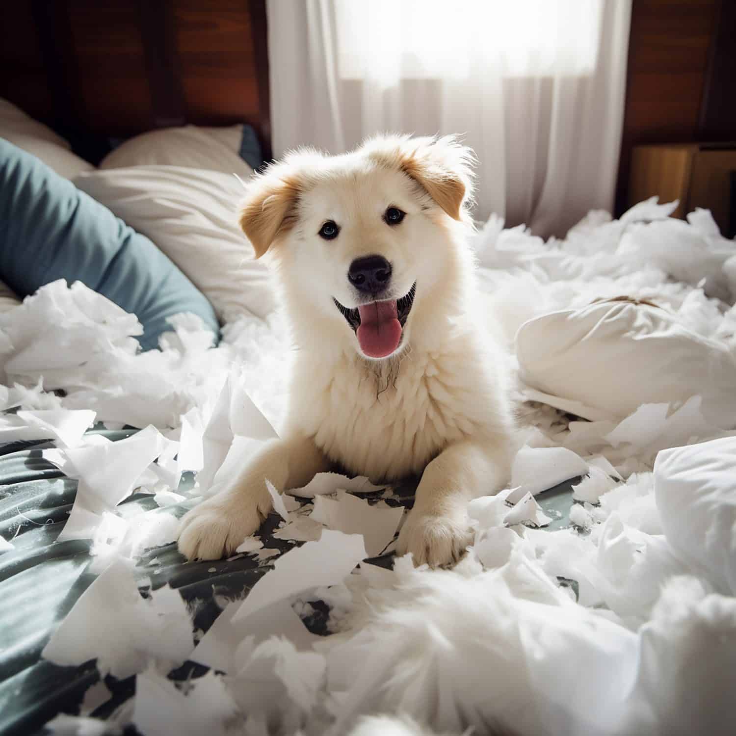 Cute pets play happily in a room full of damaged items