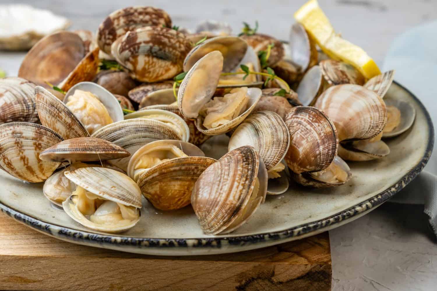 Vongole clams in a plate close-up with lemon and thyme and garlic.