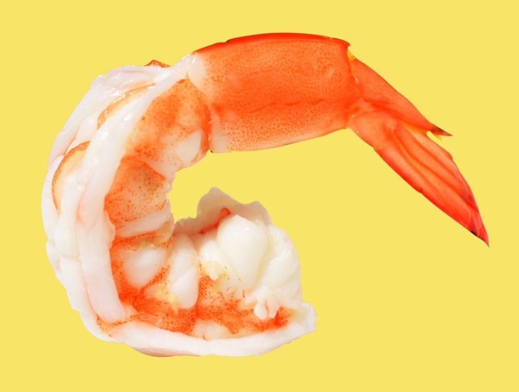 Red boiled shrimp or tiger prawn isolated with clipping path, no shadow on yellow background, cooked seafood, cooking ingredient