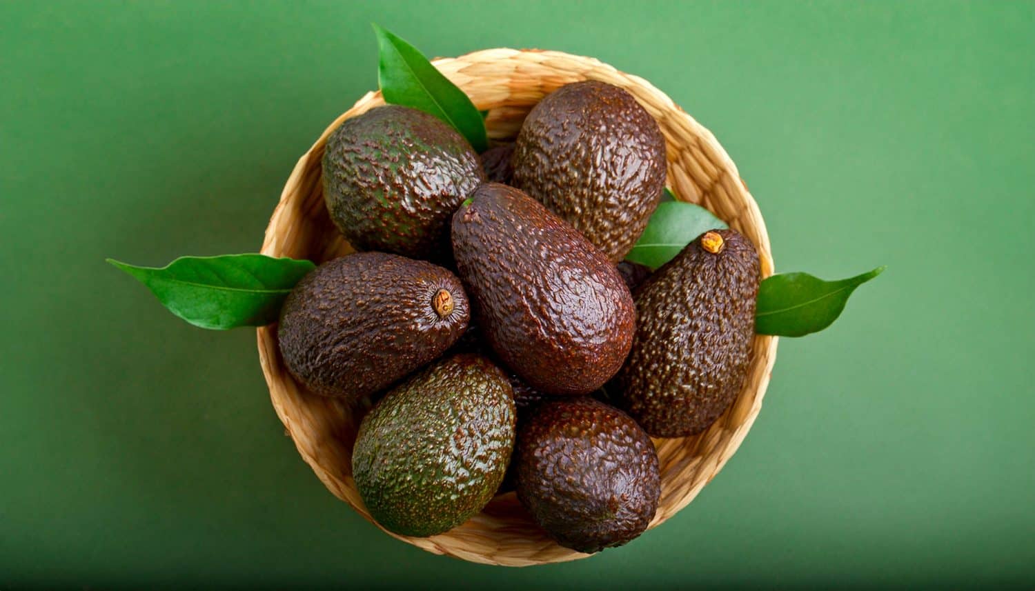 Avocado on a green background, top view