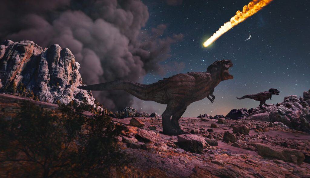 Dinosaur observing asteroid impact, 3d render