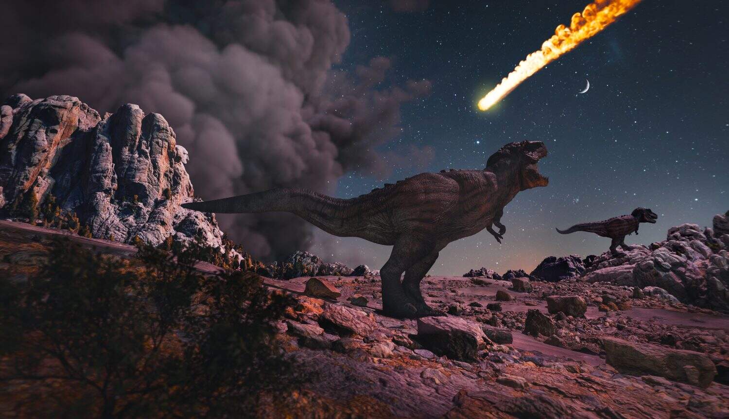 Dinosaur observing asteroid impact, 3d render