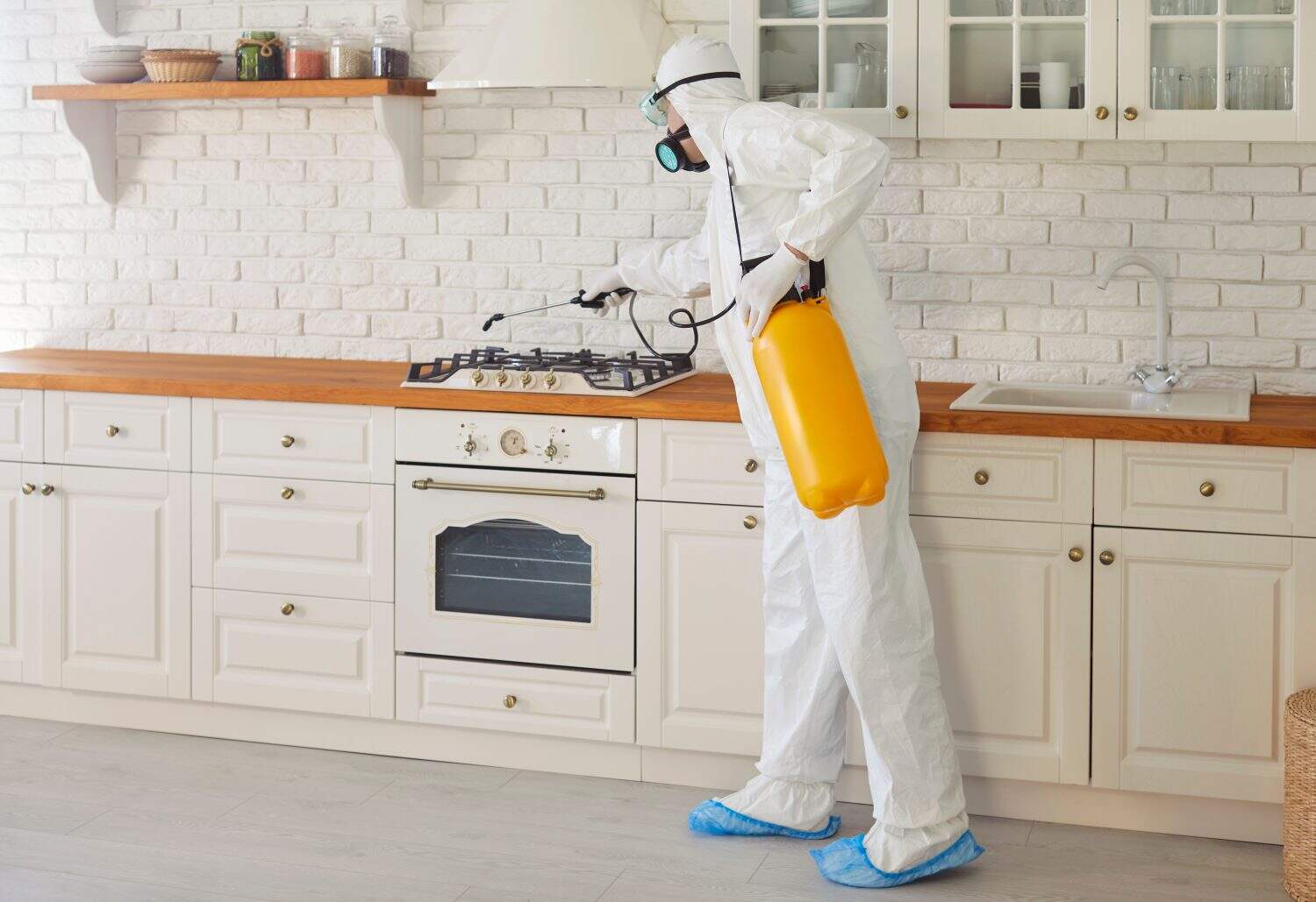 Professional worker in hazmat suit disinfecting kitchen indoor, insect killers, pandemic health risk, coronavirus sterilizing and eliminating bacteria, germs, viruses, spiders, ants, bugs, cockroach