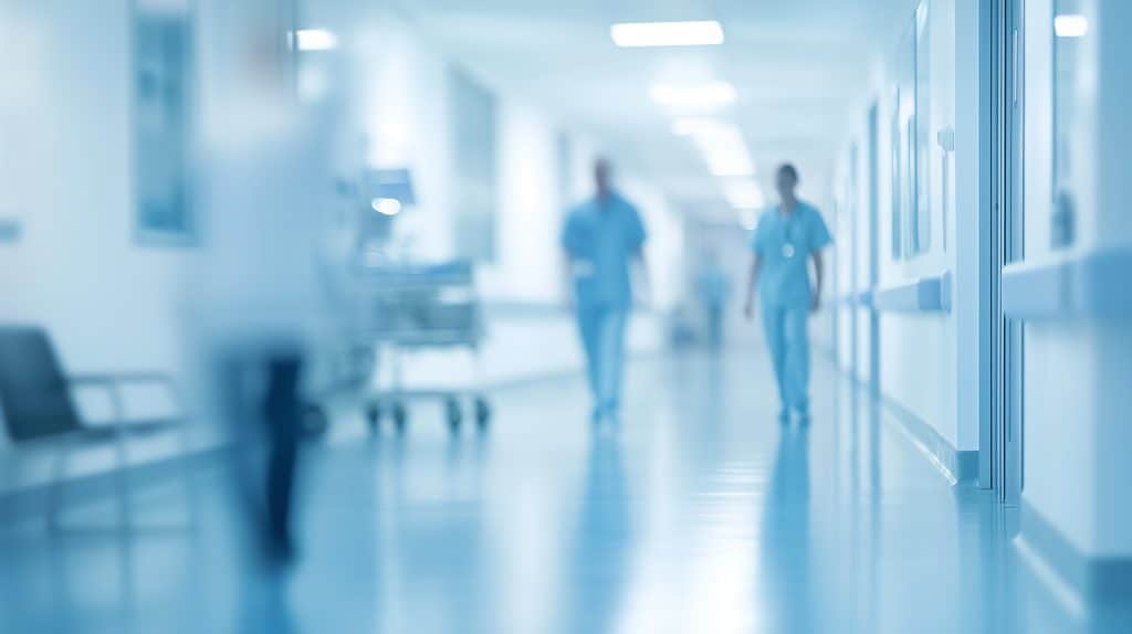 Blurred background of a hospital interior with medical equipment and people in motion, a light blue color theme.