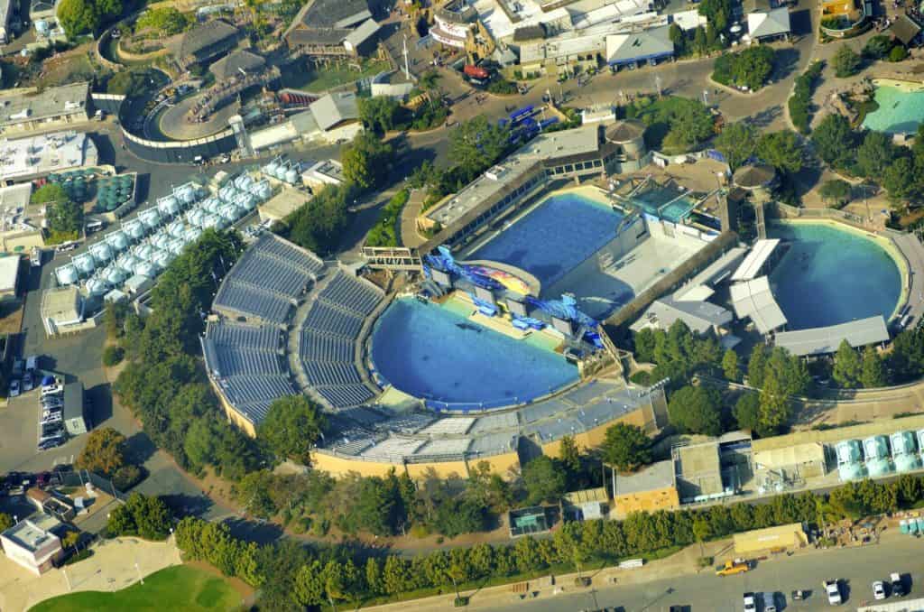 Aerial view of SeaWorld, a marine life theme park in San Diego Bay in Southern California, United States of America. A view of the killer whale shamu stadium and the show pools around.