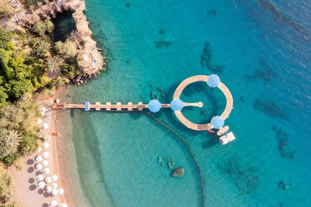 Dolphin Reef is a horseshoe-shaped sea-pen where bottlenose dolphins in the Gulf of Eilat in the northern-eastern Red Sea near the city of Eilat in southern Israel swim in and out of top view