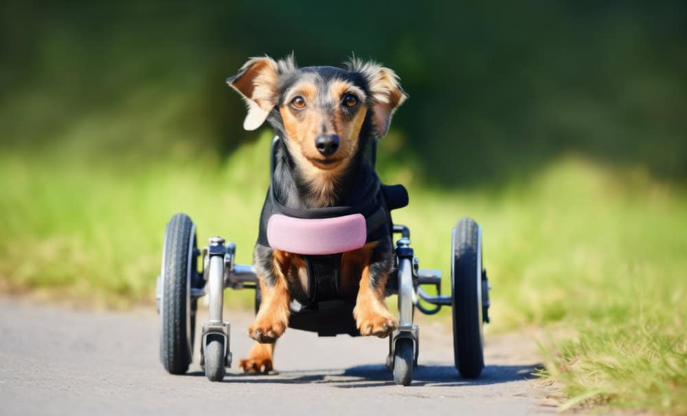 Close up of a dachshund breed dog in a wheelchair.