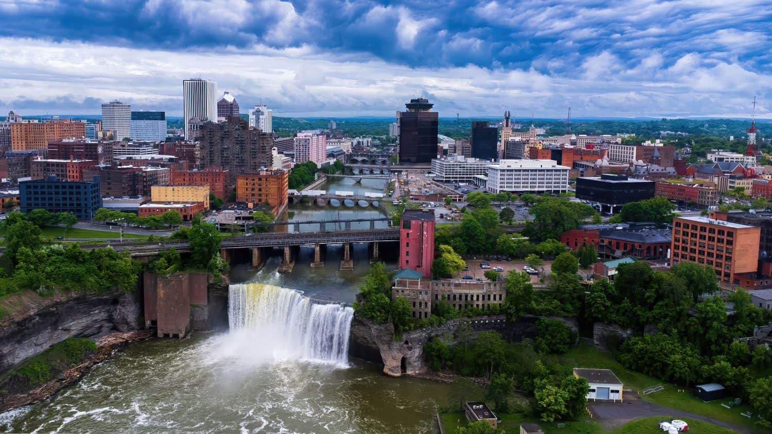 An aerial view of High Falls in Rochester, New York on a cloudy day