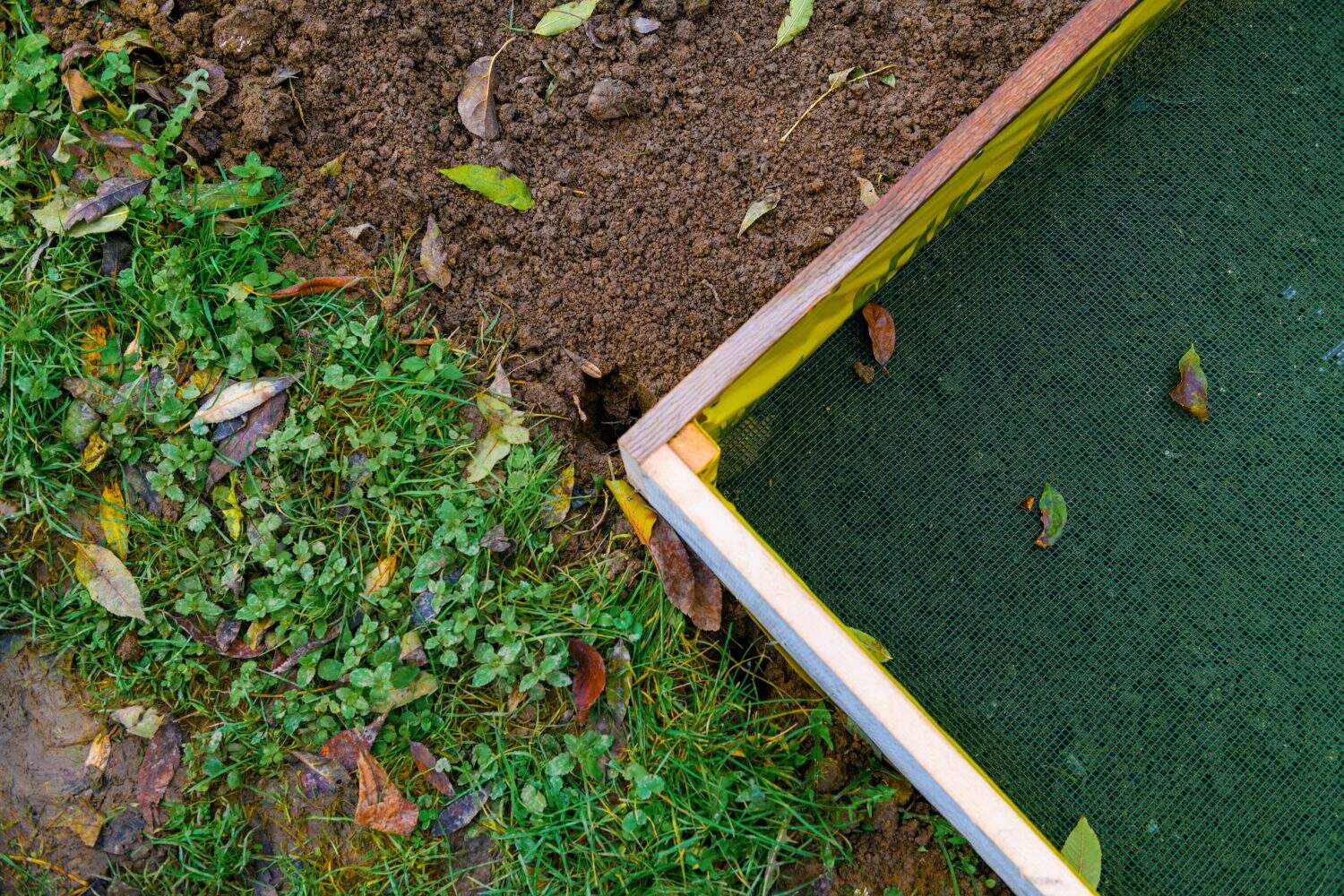 Wooden raised bed frame, finished with meshed wire bottom as pest control.