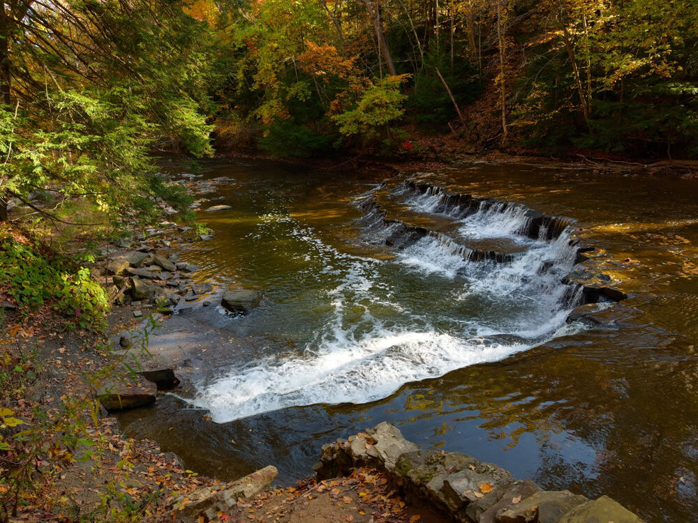 A small tiered waterfall on the Chagrin River in the South Chagrin Reservation near Cleveland, Ohio