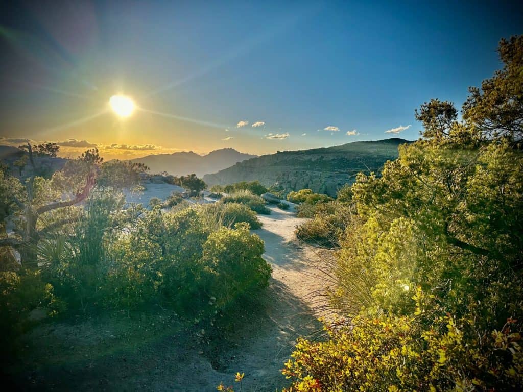 Scenic trail along the Catalina Highway to Mt. Lemmon. The trail winds through rugged mountains under a clear blue sky and sunset adding to the natural beauty of Arizona’s landscapes.