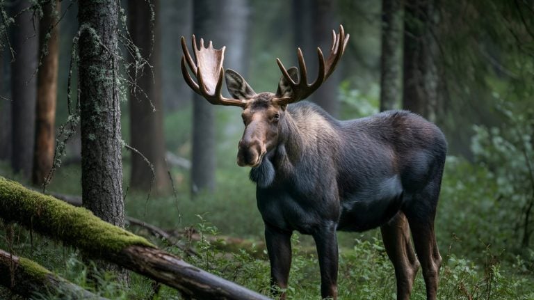 Elk or Moose, Alces alces in the dark forest during rainy day. Beautiful animal in the nature habitat. Wildlife scene from Sweden.