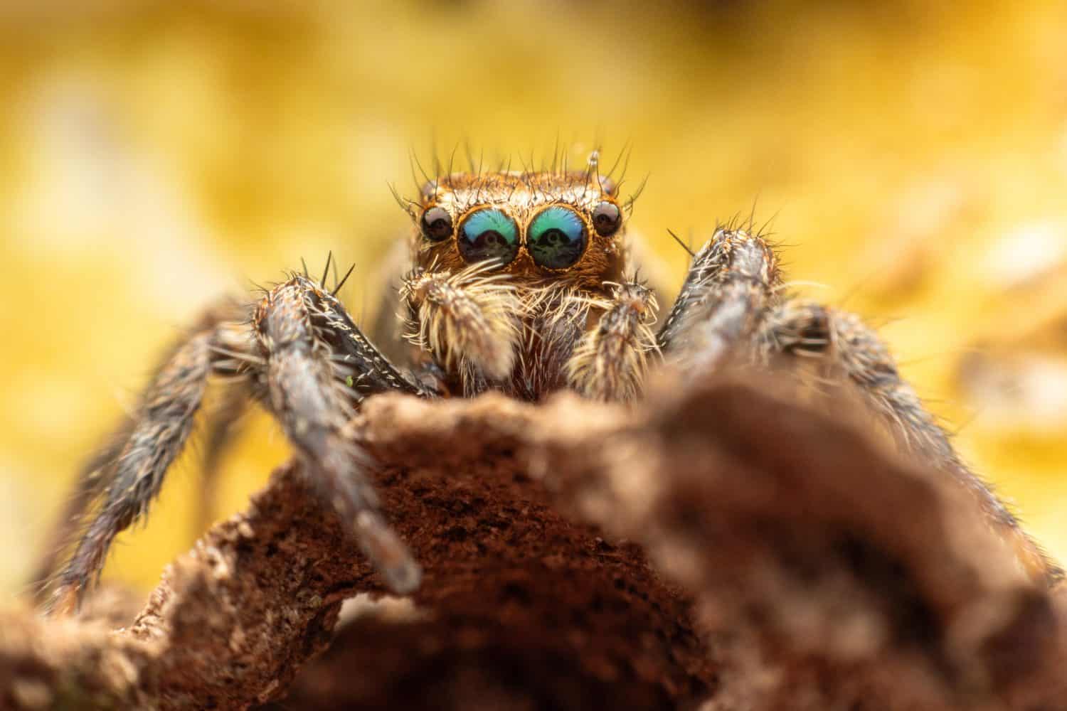 A detailed macro close-up of a furry jumping spider with large, metallic green and blue eyes. The spider looks directly at the camera, highlighting its spiky legs and mandibles.
