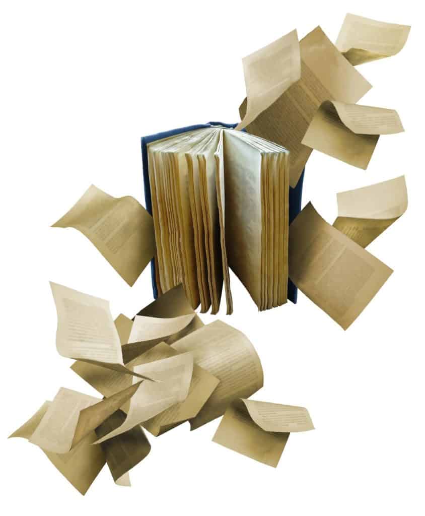 Open book with scattered flying pages