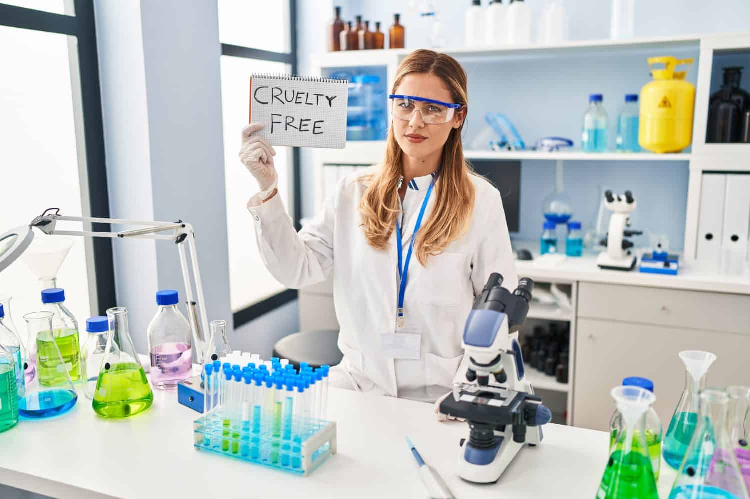 Young blonde scientist woman working on cruelty free laboratory thinking attitude and sober expression looking self confident 