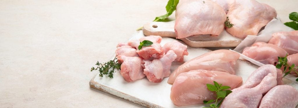 Raw chicken meat fillet, thigh, wings and legs on a white background. Top view. Panorama with copy space.