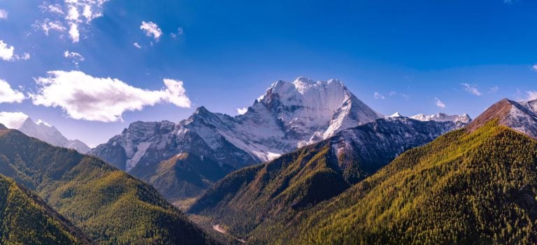 Scenery of Yading, Xiannairi, notable mountain located in the Hengduan Mountains, within the Yading Nature Reserve, Daocheng County, Sichuan Province, China, three holy mountains of the Tibetan