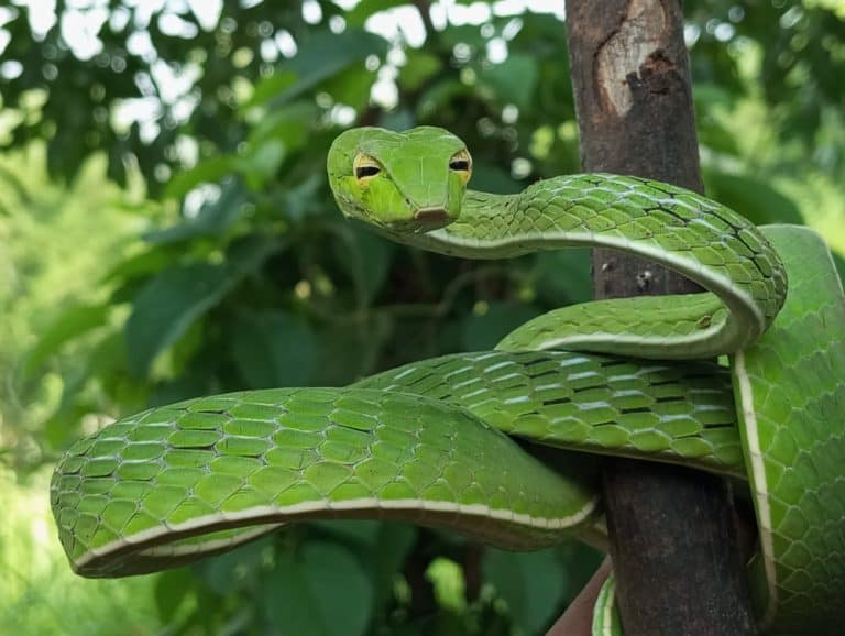 An Asian vine snake partially coiled around a stick