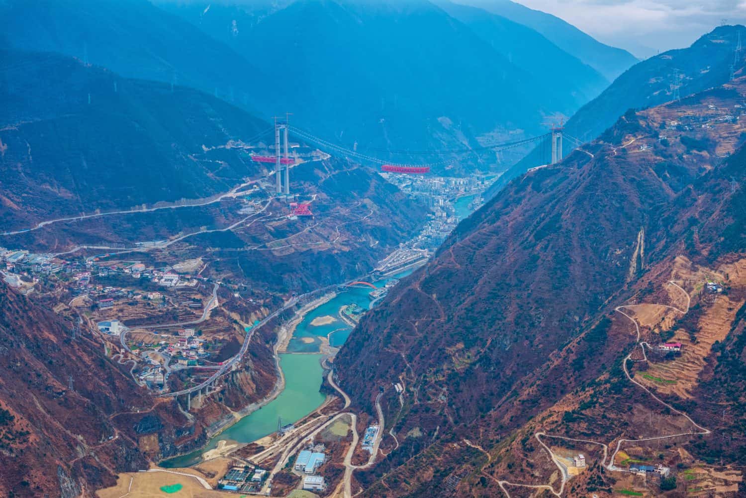 Aerial view of the Dadu River Bridge in Luding, Sichuan, China, an important bridge on the Sichuan-Tibet Highway 318