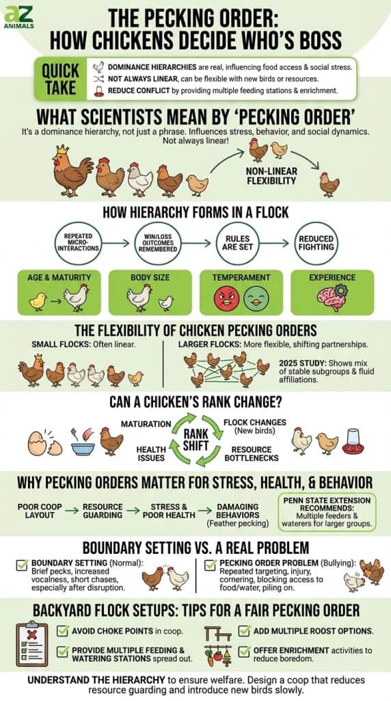 An infographic titled 'The Pecking Order: How Chickens Decide Who's Boss', explaining chicken dominance hierarchies, how they form, factors influencing rank, and tips for creating a fair and healthy environment in backyard flocks.