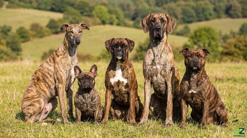 A line of five brindle-coated dogs, appearing to be a Greyhound, French Bulldog, Boxer, Great Dane, and Staffordshire Bull Terrier, sitting patiently in a lush green field with blurred hills and trees in the background.