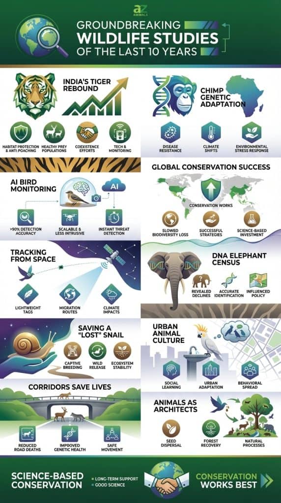 An infographic with the title 'Groundbreaking Wildlife Studies of the Last 10 Years' presenting various sections. Key sections include a tiger head with a rising graph for 'India's Tiger Rebound,' a bird under an 'AI' cloud for 'AI Bird Monitoring,' an elephant next to DNA strands for 'DNA Elephant Census,' and a bridge over a road representing 'Corridors Save Lives.' Each section features icons and text explaining conservation efforts and their positive impacts, concluding with 'Conservation Works Best' through 'Science-Based Conservation'.