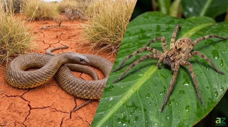 A split image depicts an Inland Taipan snake on dry, cracked red ground on the left, and a large brown Brazilian wandering spider on a wet green leaf on the right.