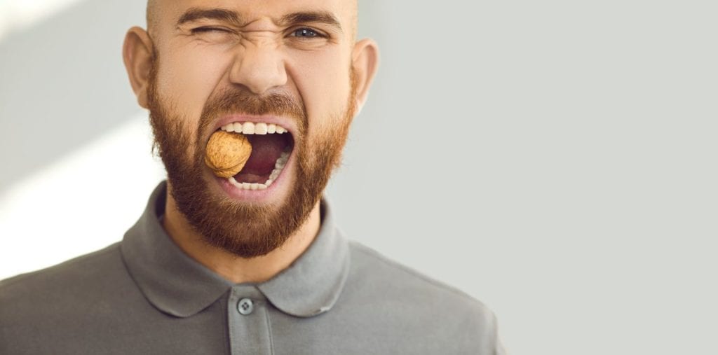 Confident, charismatic, handsome man winks his eye and cracks a hard nut. Close up head shot of a young ginger guy demonstrating his healthy teeth and trying to crack a walnut. Dental health concept