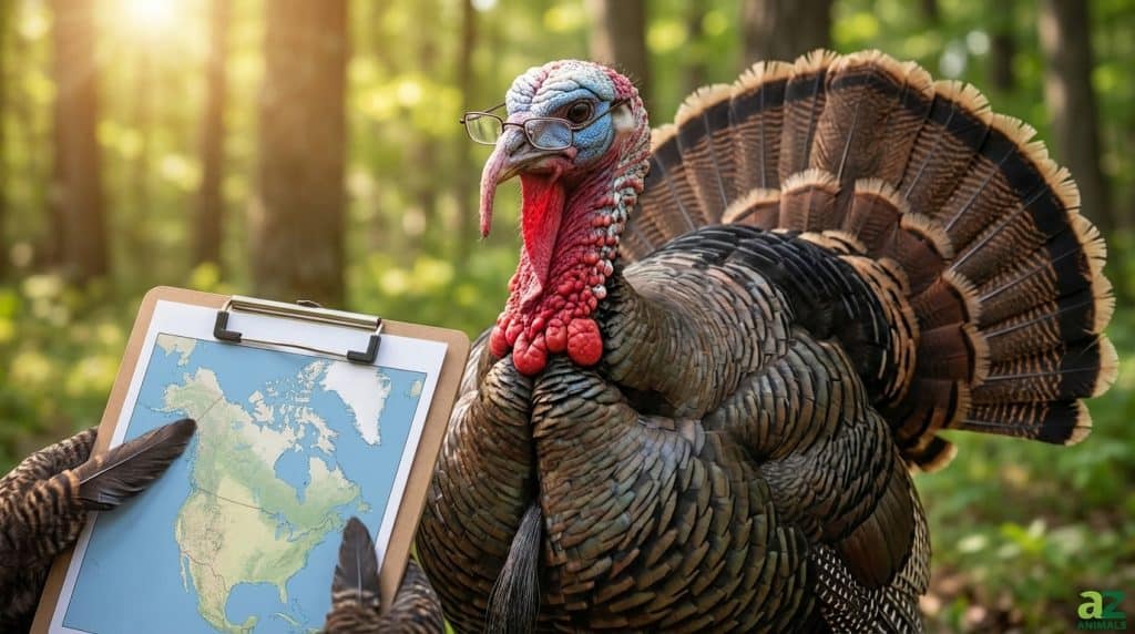 A large wild turkey wearing small eyeglasses holds a clipboard displaying a map of North America, pointing to a section with its feathered wing in a lush forest. The image evokes a humorous scene of a turkey conducting research on its own population.
